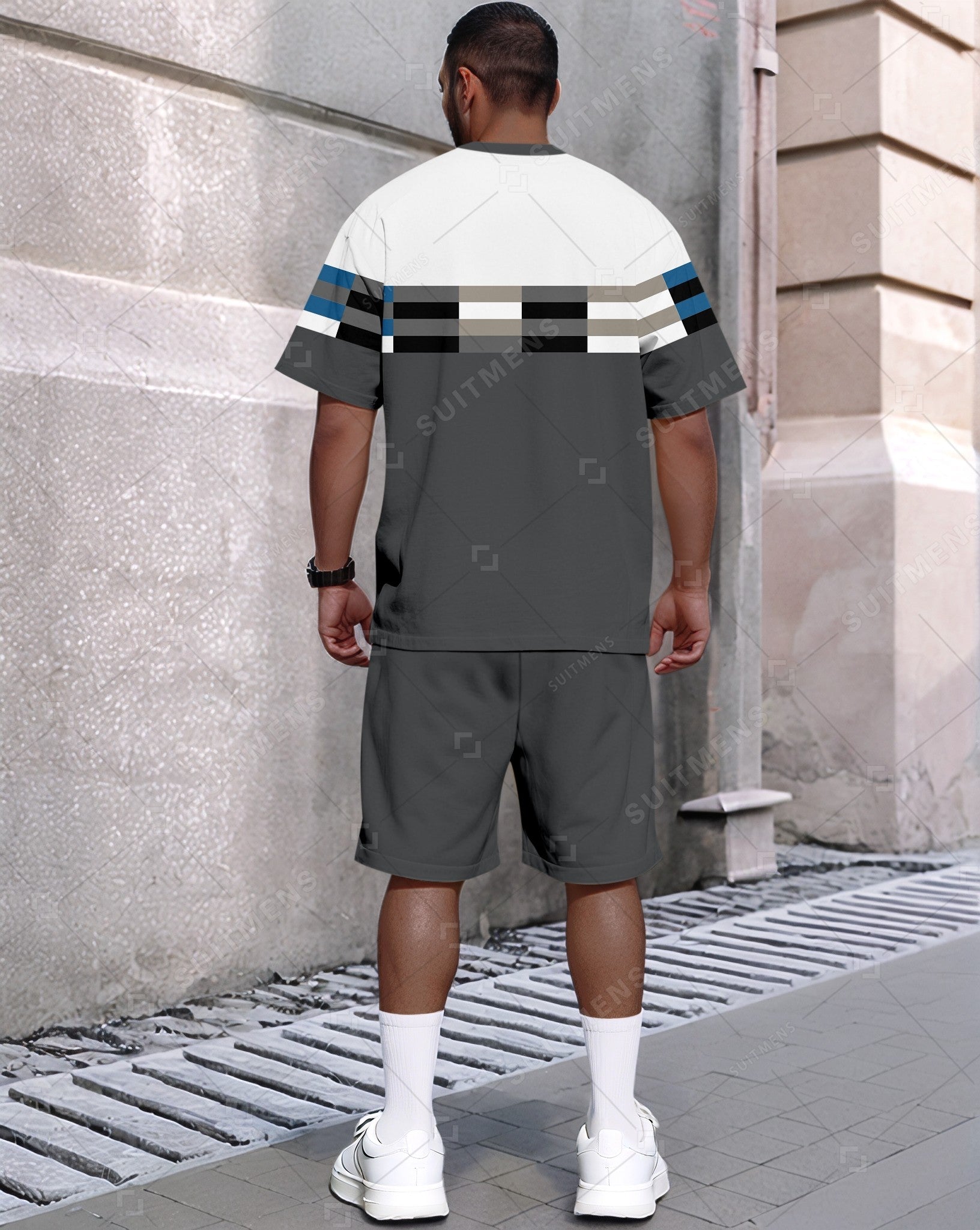 Men's Summer Colorblock Printed Round Neck Set 419