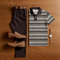 Men's Casual Multi Coffee Color Matching Striped Printed Short Sleeved Polo Shirt & Trousers Two-Piece Set