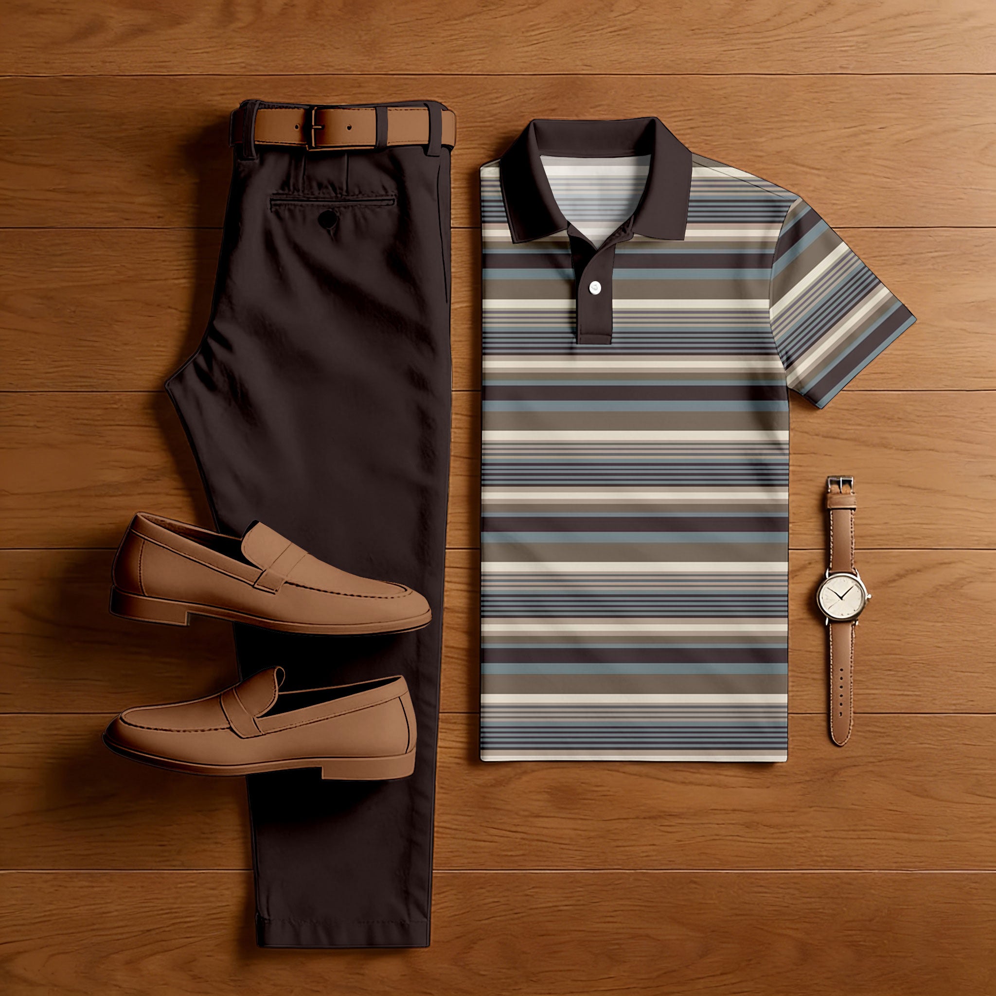 Men's Casual Multi Coffee Color Matching Striped Printed Short Sleeved Polo Shirt & Trousers Two-Piece Set
