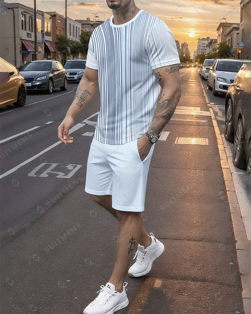 Men's Summer Colorblock Printed Round Neck Set 766