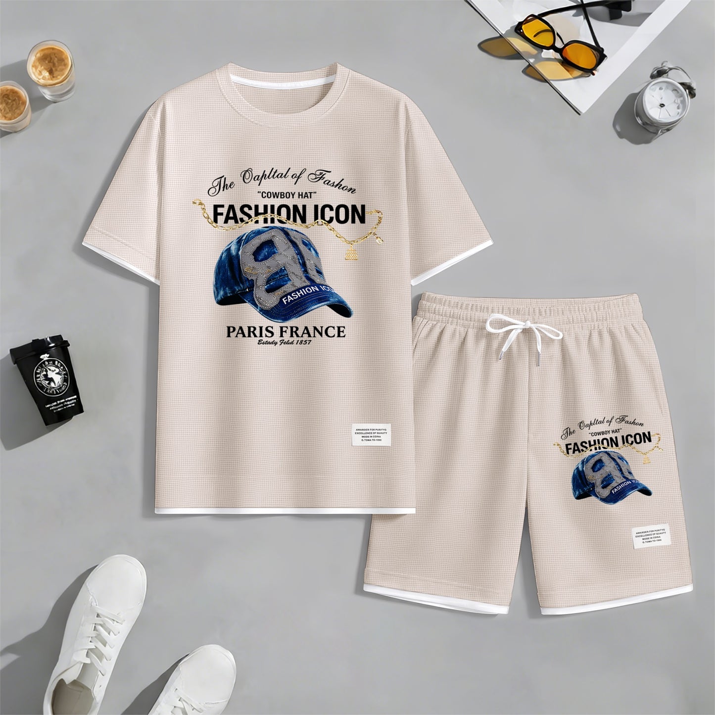 Men's Retro Cool Letter Print Short Sleeve T-Shirt & Shorts Set, Summer Lightweight Waffle Sporty Casual Two-Piece Outfit, Streetwear for Gym & Daily Wear