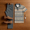 Men's Casual Gray & Apricot Color Matching Ethnic Style Printed Short Sleeved Polo Shirt & Trousers Two-Piece Set