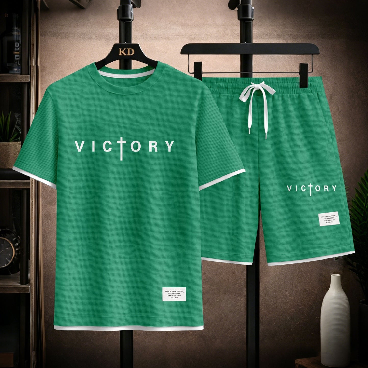 Men's “Victory” Graphic Print Short Sleeve Shirt and Drawstring Shorts Set, Casual Summer Two-Piece Outfit, Lightweight Breathable Relaxed Fit Athletic Set for Daily Wear, Beach, Vacation, Travel & Loungewear