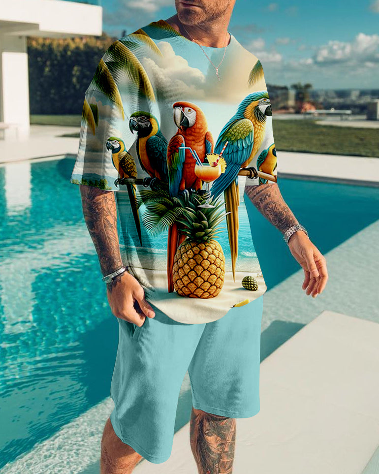 Suitmens Men's Hawaiian Tiki Parrot Printed shorts Set  227