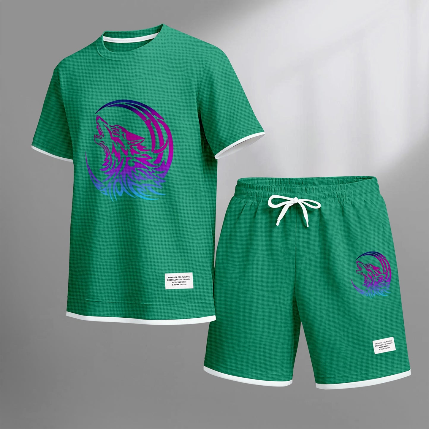 Men's Gradient Wolf & Moon Graphic Print Waffle Short Sleeve T-Shirt & Shorts Set, Summer Lightweight Sporty Casual Two-Piece Outfit, Streetwear for Gym & Daily Wear