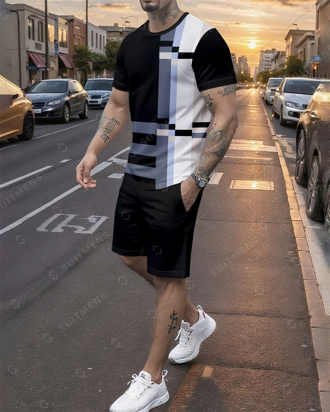 Men's Summer Colorblock Printed Round Neck Set 752