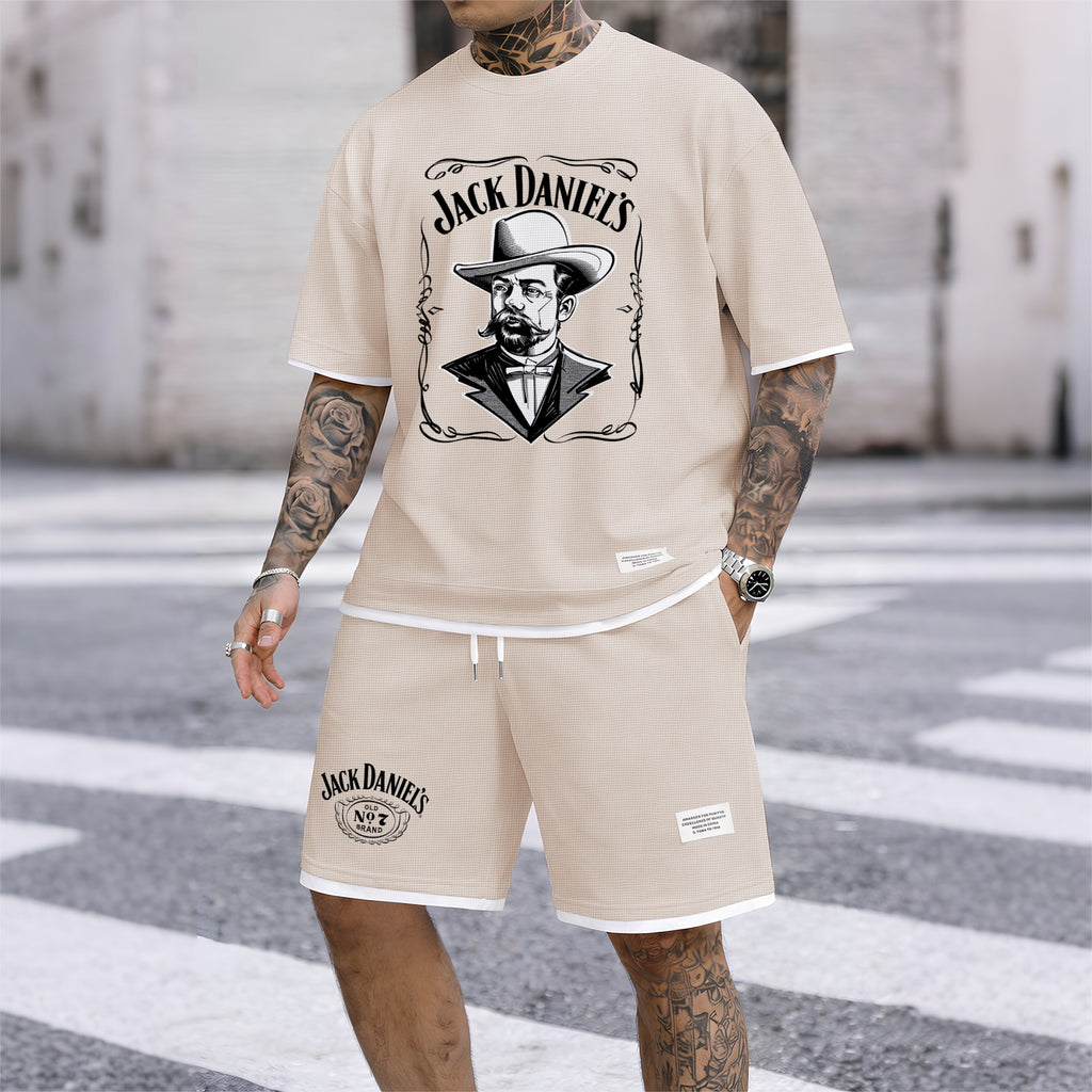 Men's Beer Print Drawstring Shorts Set, Suitable For Spring And Summer Wear, Casual Summer Set, Including Short-Sleeved Shirt And Shorts, Suitable For Everyday Wear And Sports 04