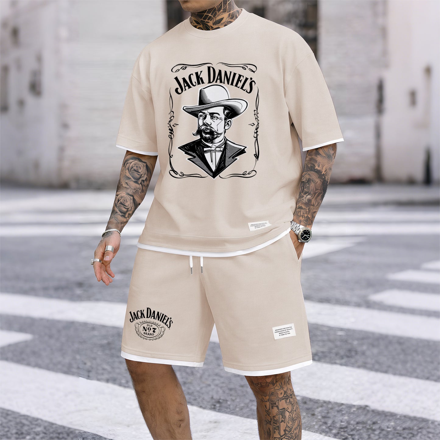 Men's Beer Print Drawstring Shorts Set, Suitable For Spring And Summer Wear, Casual Summer Set, Including Short-Sleeved Shirt And Shorts, Suitable For Everyday Wear And Sports 04
