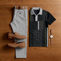 Men's Casual Black Patterns Printed Polo Shirt And Trousers Two-Piece Set