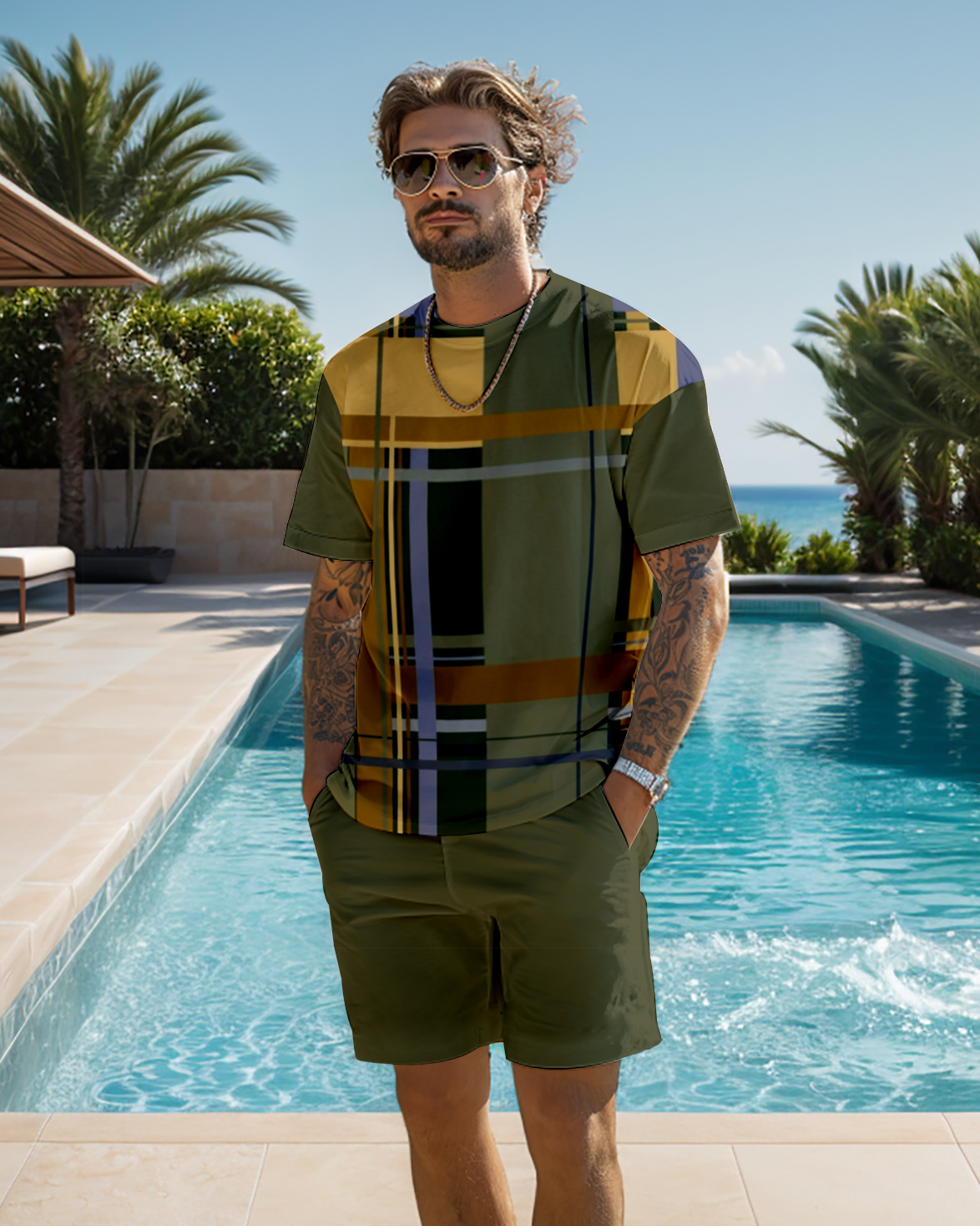Men's color block printed shorts set 470
