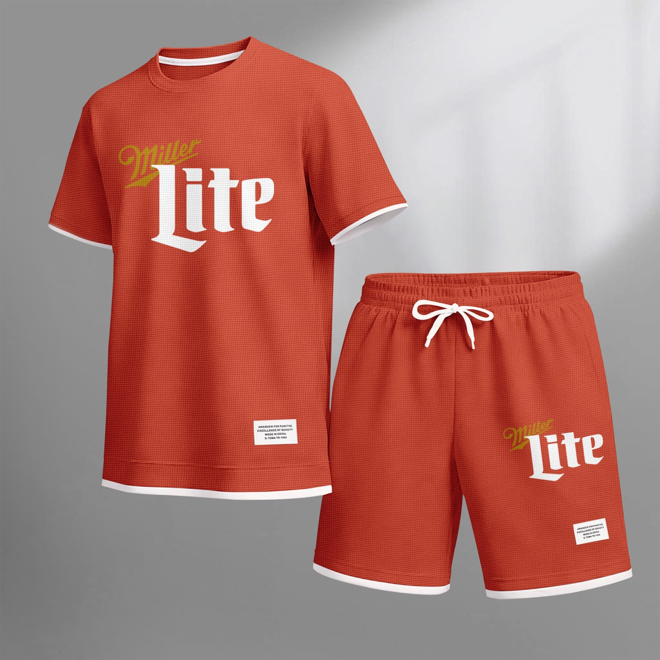 Men's Low-Calorie Beer Print Waffle Fabric Short-Sleeved Shirt And Shorts Set