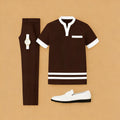 Men's Casual Deep Coffee Color Matching Printed Short Sleeved Henry Collar T-Shirt & Trousers Two-Piece Set