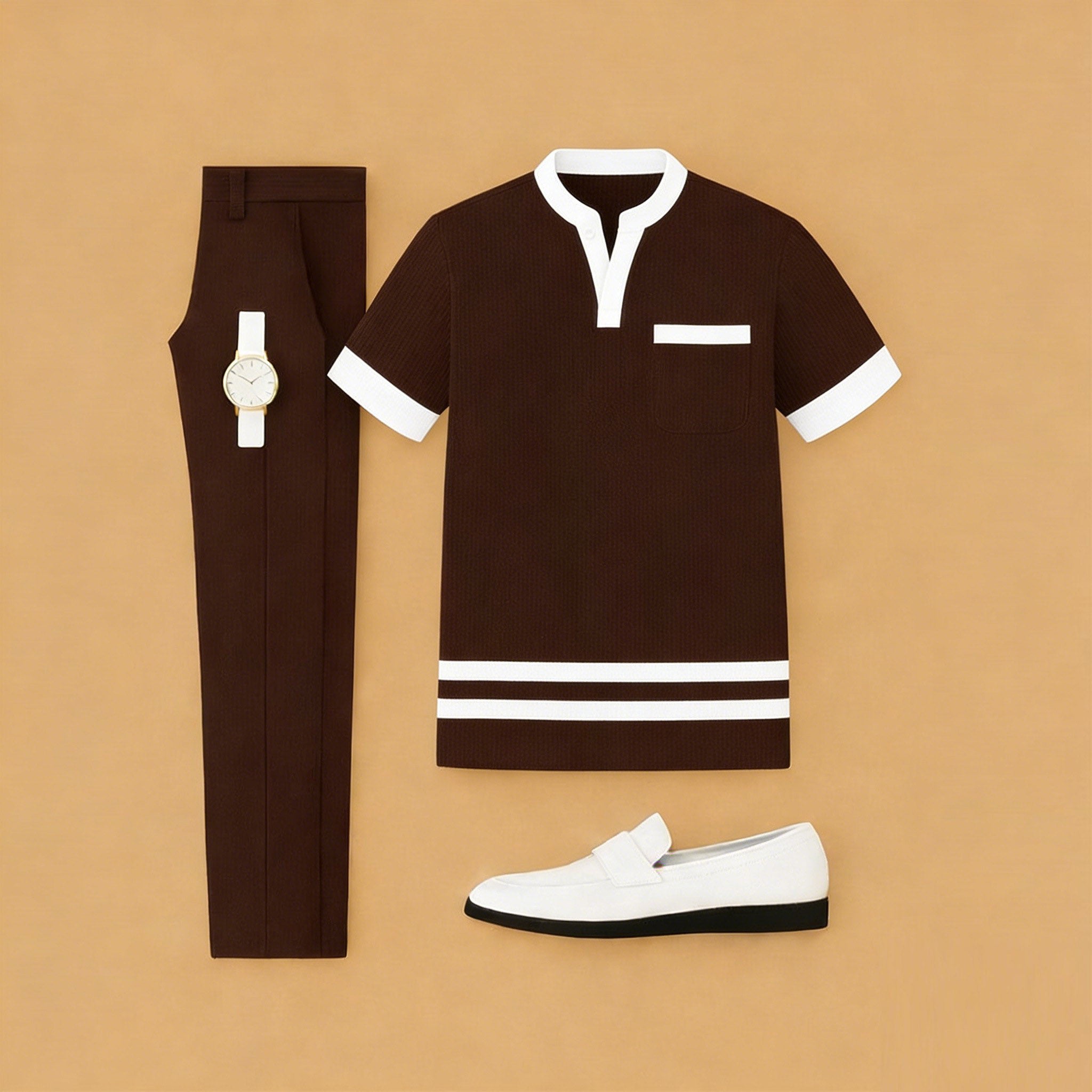 Men's Casual Deep Coffee Color Matching Printed Short Sleeved Henry Collar T-Shirt & Trousers Two-Piece Set