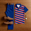 Men's Casual Dark Blue & R ed Stripes Printed Polo Shirt And Trousers Two-Piece Set