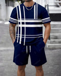 Men's Summer Colorblock Printed Round Neck Set 466