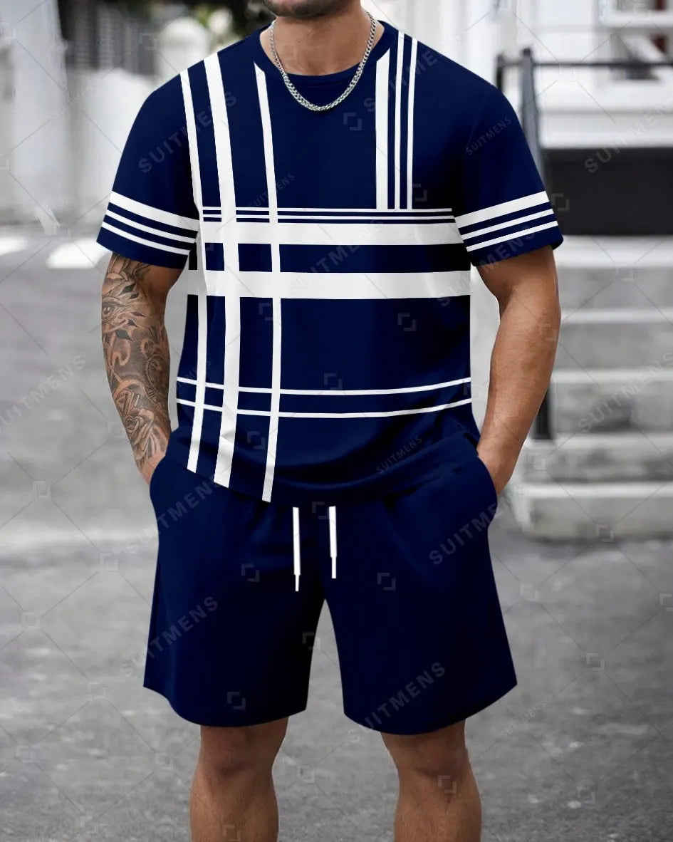 Men's Summer Colorblock Printed Round Neck Set 466