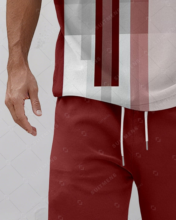 Men's Summer Colorblock Printed Round Neck Suit 083
