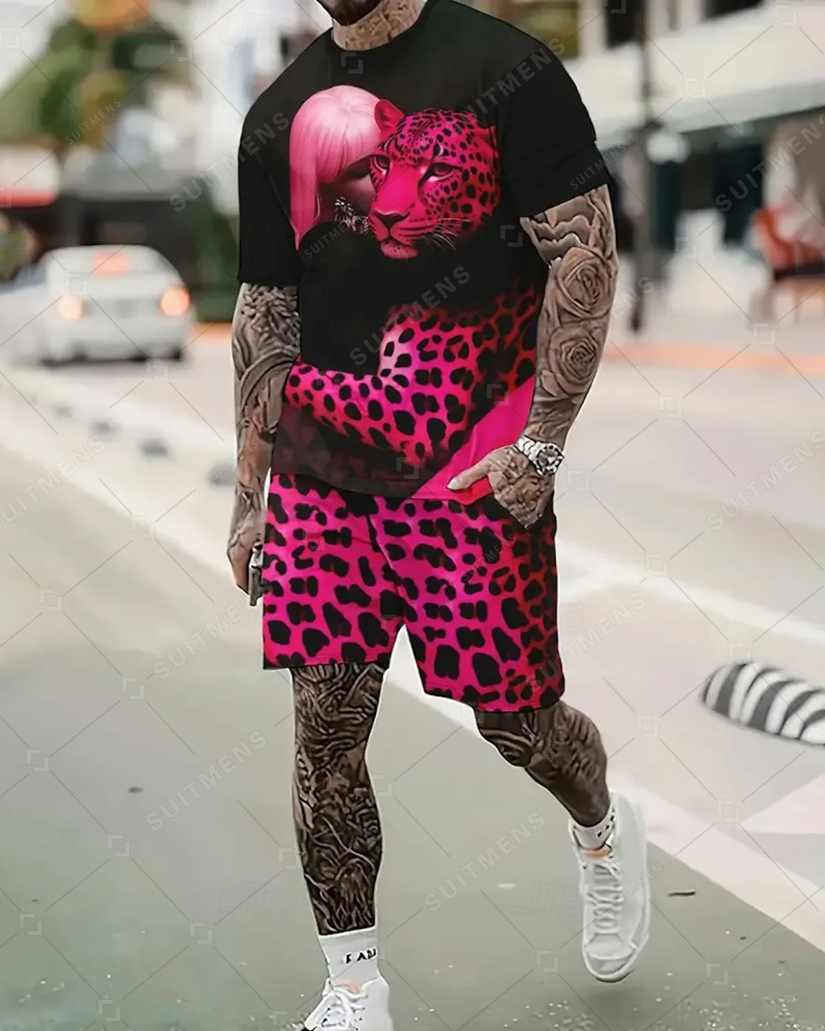 Men's Summer Leopard Print Round Neck Set 236