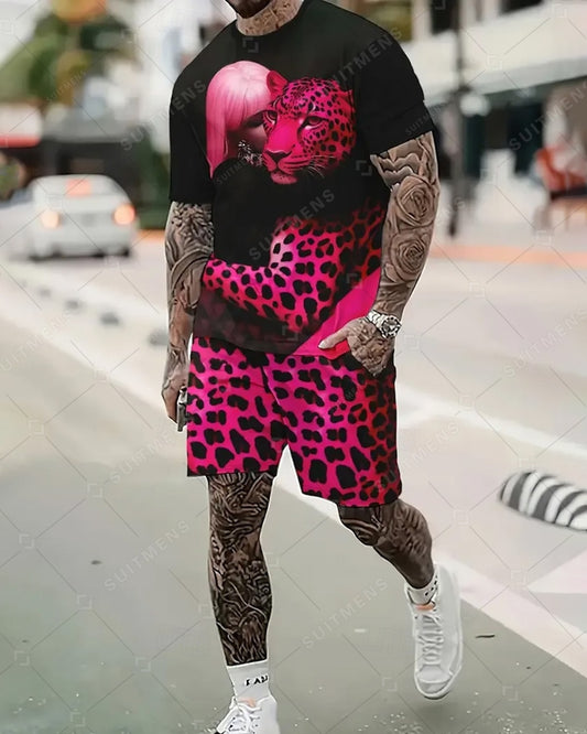 Men's Summer Leopard Print Round Neck Set 236