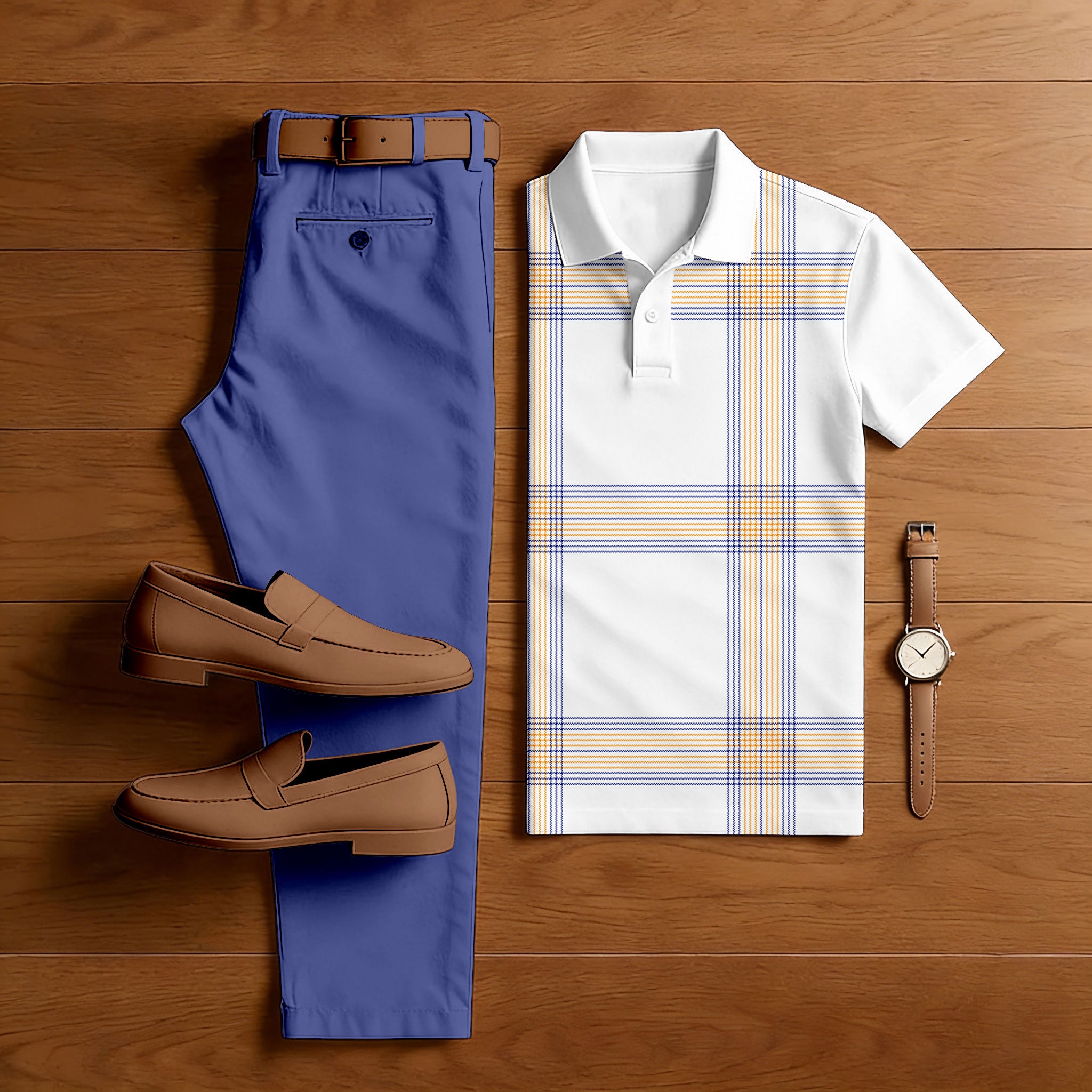 Men's Casual Violet & WhiteColor Matching Checkered Printed Short Sleeved Polo Shirt & Trousers Two-Piece Set