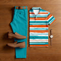 Men's Casual Green & Orange Color Matching Striped Art Printed Short Sleeved Polo Shirt & Trousers Two-Piece Set
