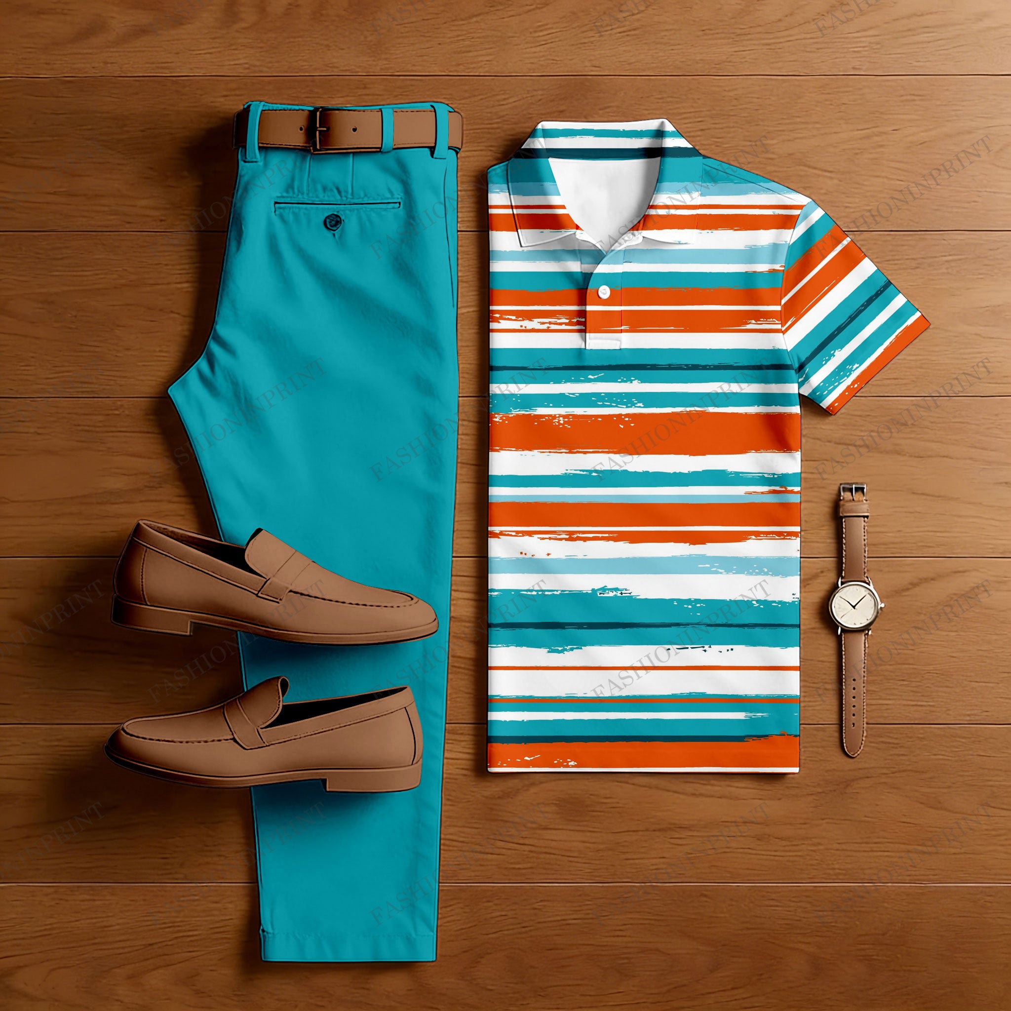 Men's Casual Green & Orange Color Matching Striped Art Printed Short Sleeved Polo Shirt & Trousers Two-Piece Set