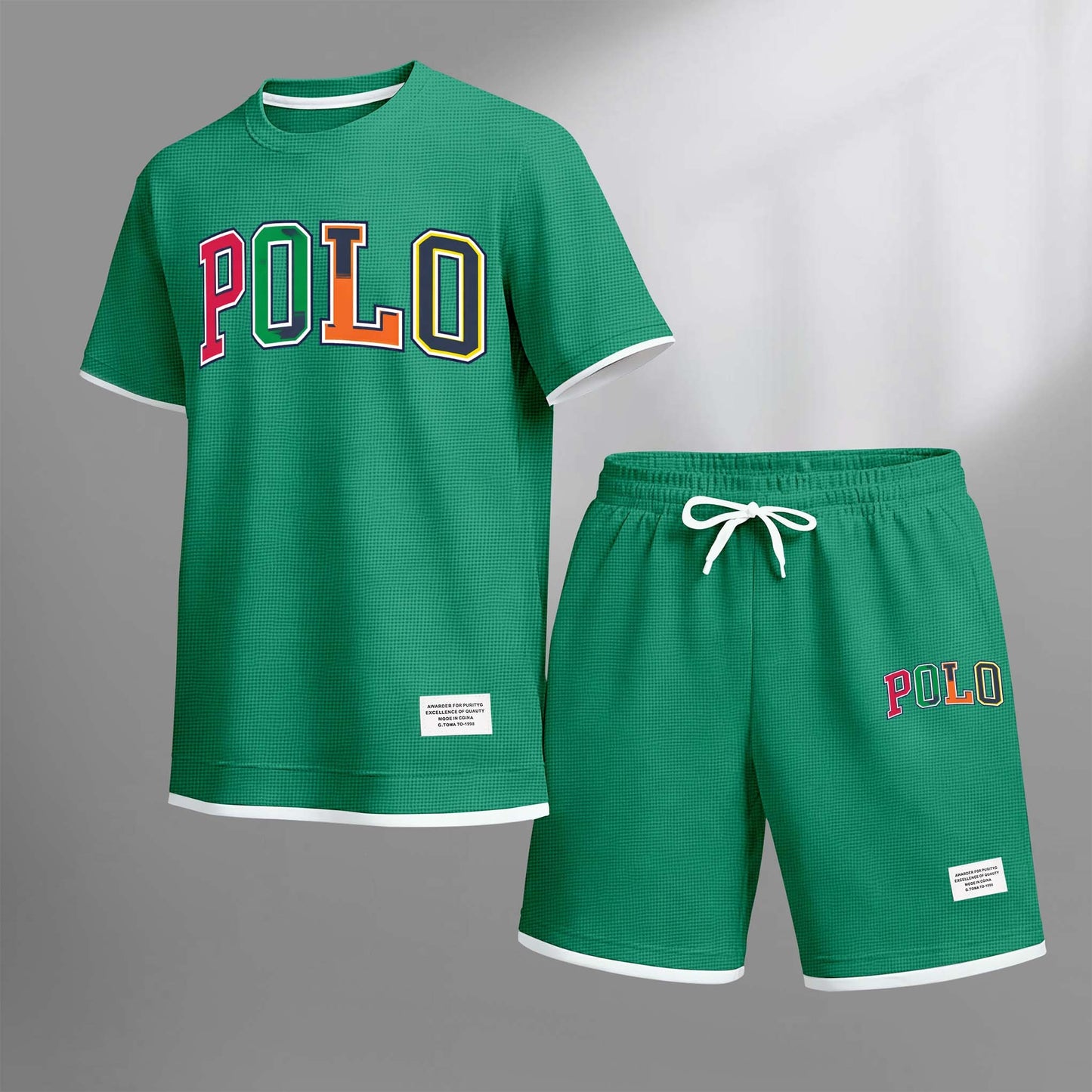 Men's Polo Print Drawstring Shorts Set For Spring/Summer. A Casual Summer Outfit, Including A Short-Sleeved Shirt And Shorts, Suitable For Everyday Wear And Sports. A Two-Piece Set For A Relaxed And Energetic Lifestyle.