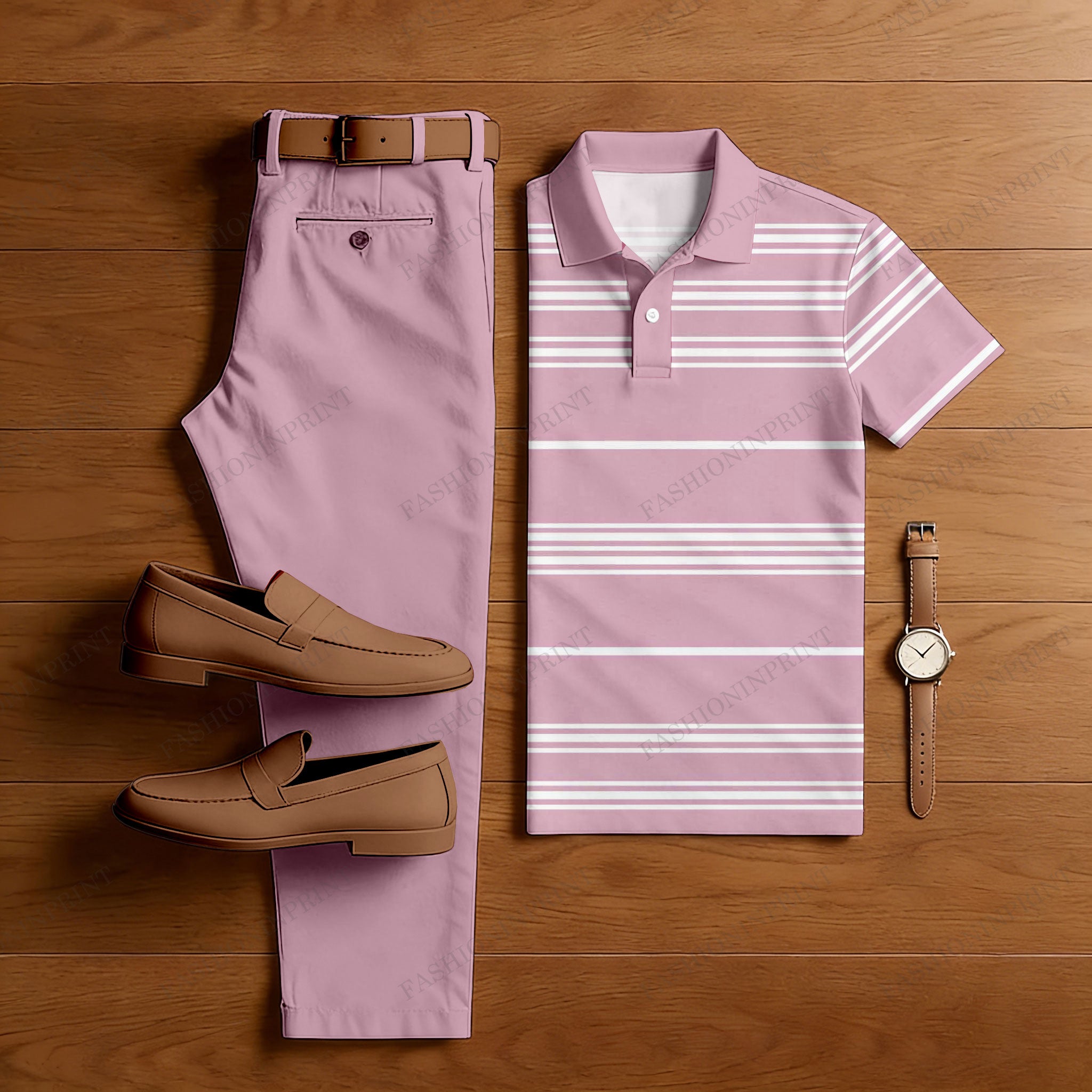 Men's Casual Pink Stripes Printed Polo Shirt And Pants Two-Piece Set