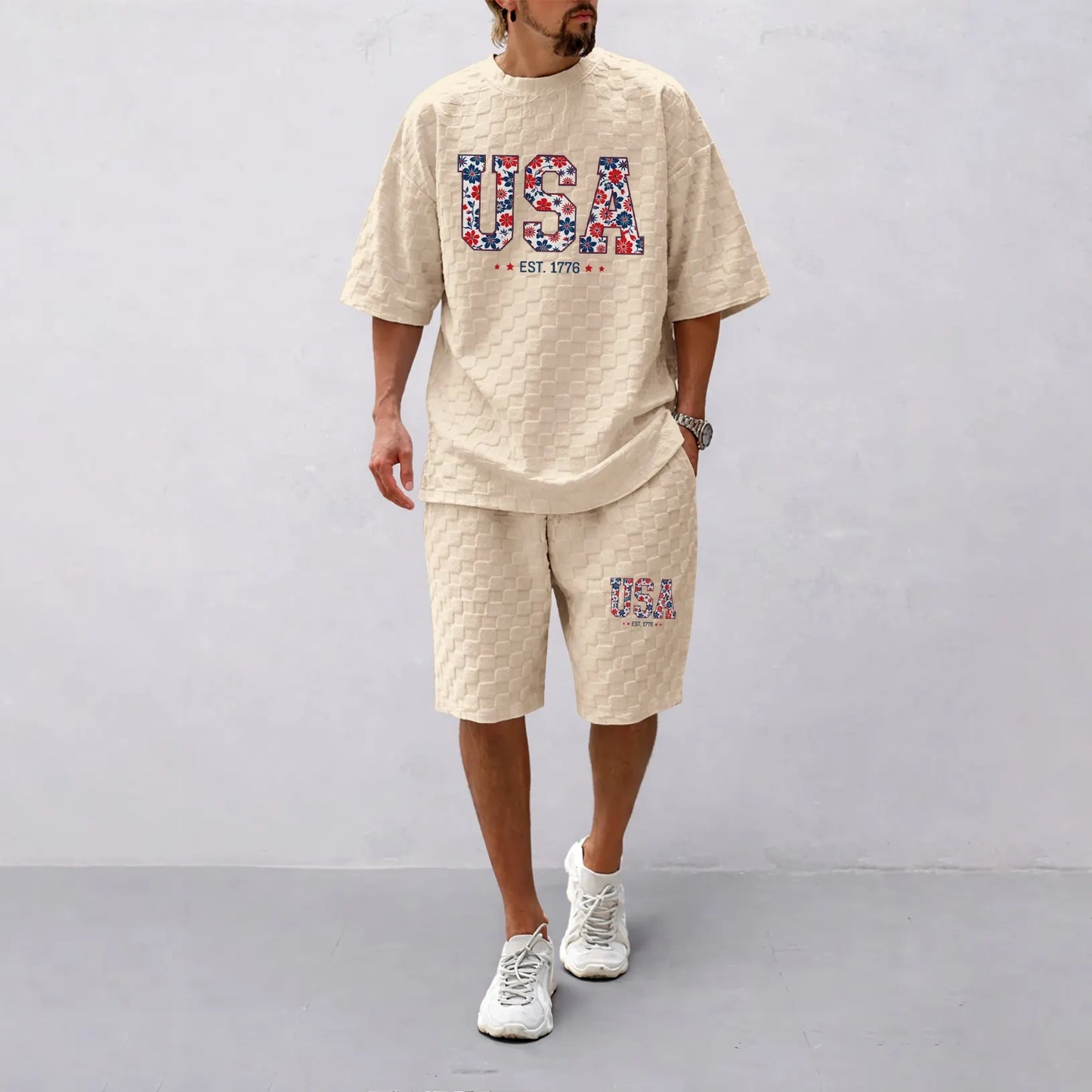 Men's Spring/Summer Drawstring Shorts Set featuring Beverage-Print Plaid Fabric—A casual summer ensemble comprising a short-sleeve shirt and shorts, ideal for both daily wear and athletic activities