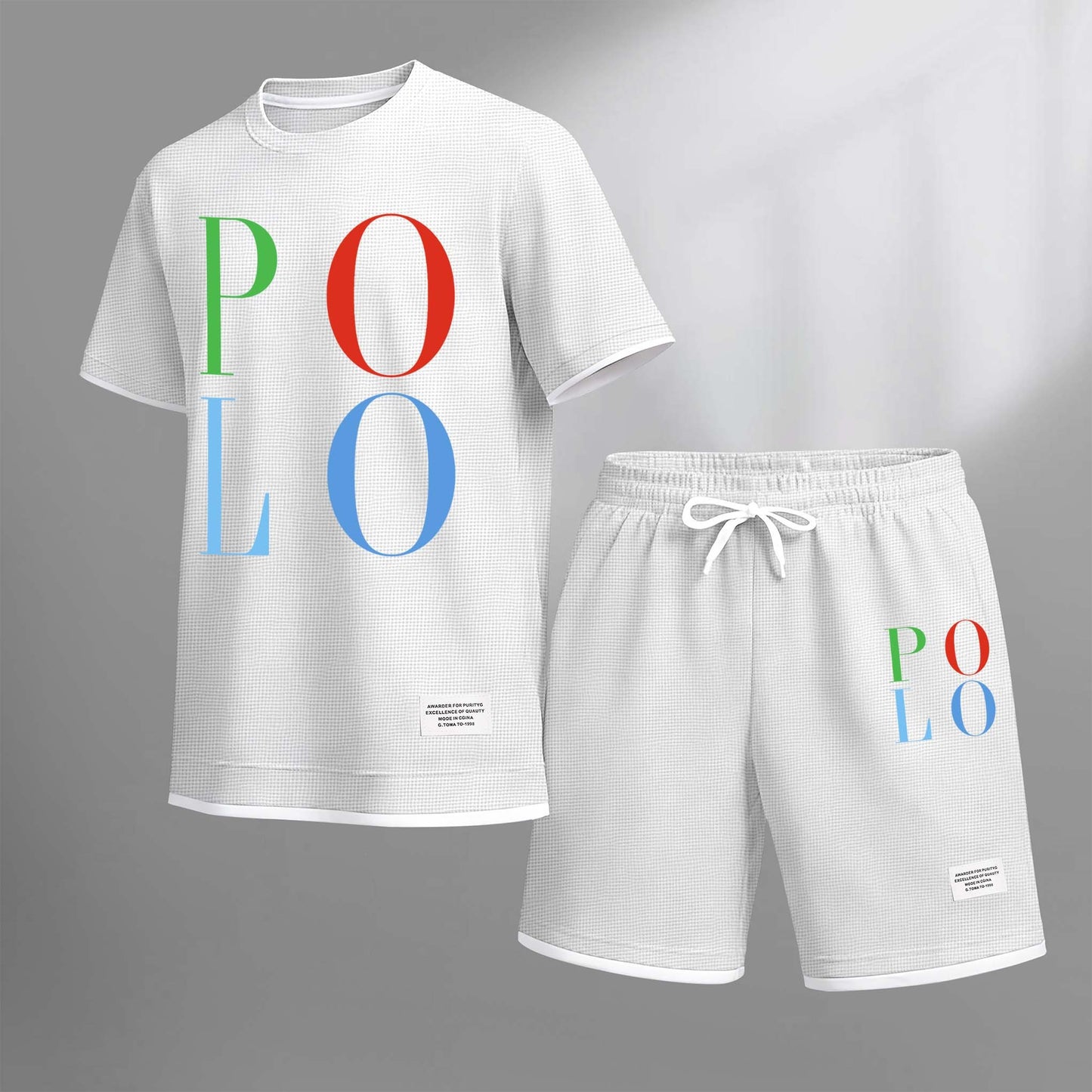 Men's Polo Print Drawstring Shorts Set For Spring/Summer. A Casual Summer Outfit, Including A Short-Sleeved Shirt And Shorts, Suitable For Everyday Wear And Sports. A Two-Piece Set For A Relaxed And Energetic Lifestyle.