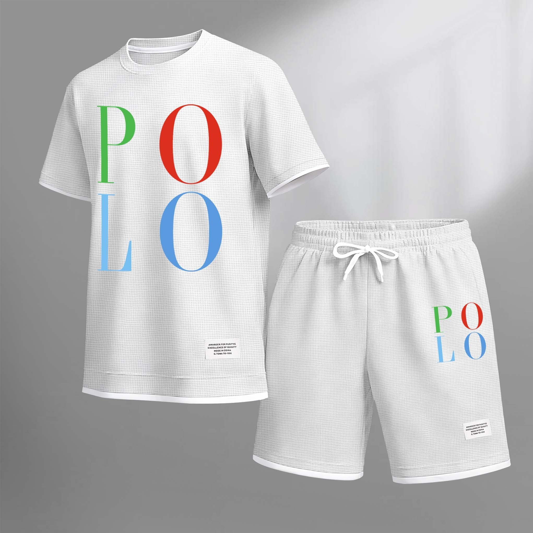 Men's Polo Print Drawstring Shorts Set For Spring/Summer. A Casual Summer Outfit, Including A Short-Sleeved Shirt And Shorts, Suitable For Everyday Wear And Sports. A Two-Piece Set For A Relaxed And Energetic Lifestyle.