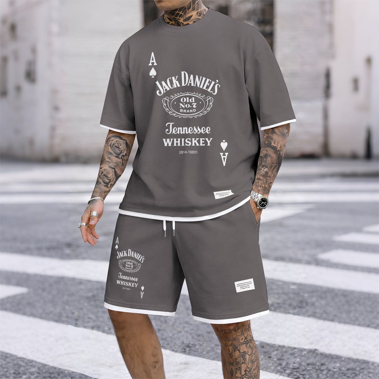 Men's Beer And Beverage Printed Drawstring Shorts Set, Suitable For Spring And Summer Wear, Casual Summer Set, Including Short-Sleeved Shirt And Shorts, Suitable For Everyday Wear And Sports 013