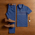 Men's Casual Navy Blue Color Matching Striped Printed Short Sleeved Polo Shirt & Trousers Two-Piece Set