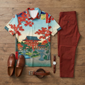 Men's Casual Gradient Maple Leaves Printed Short-Sleeve Polo Shirt And Trousers Two-Piece Set