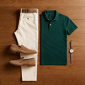 Men's Casual Green & Apricot Solid Color Matching Sport Short Sleeved Polo Shirt & Trousers Two-Piece Set