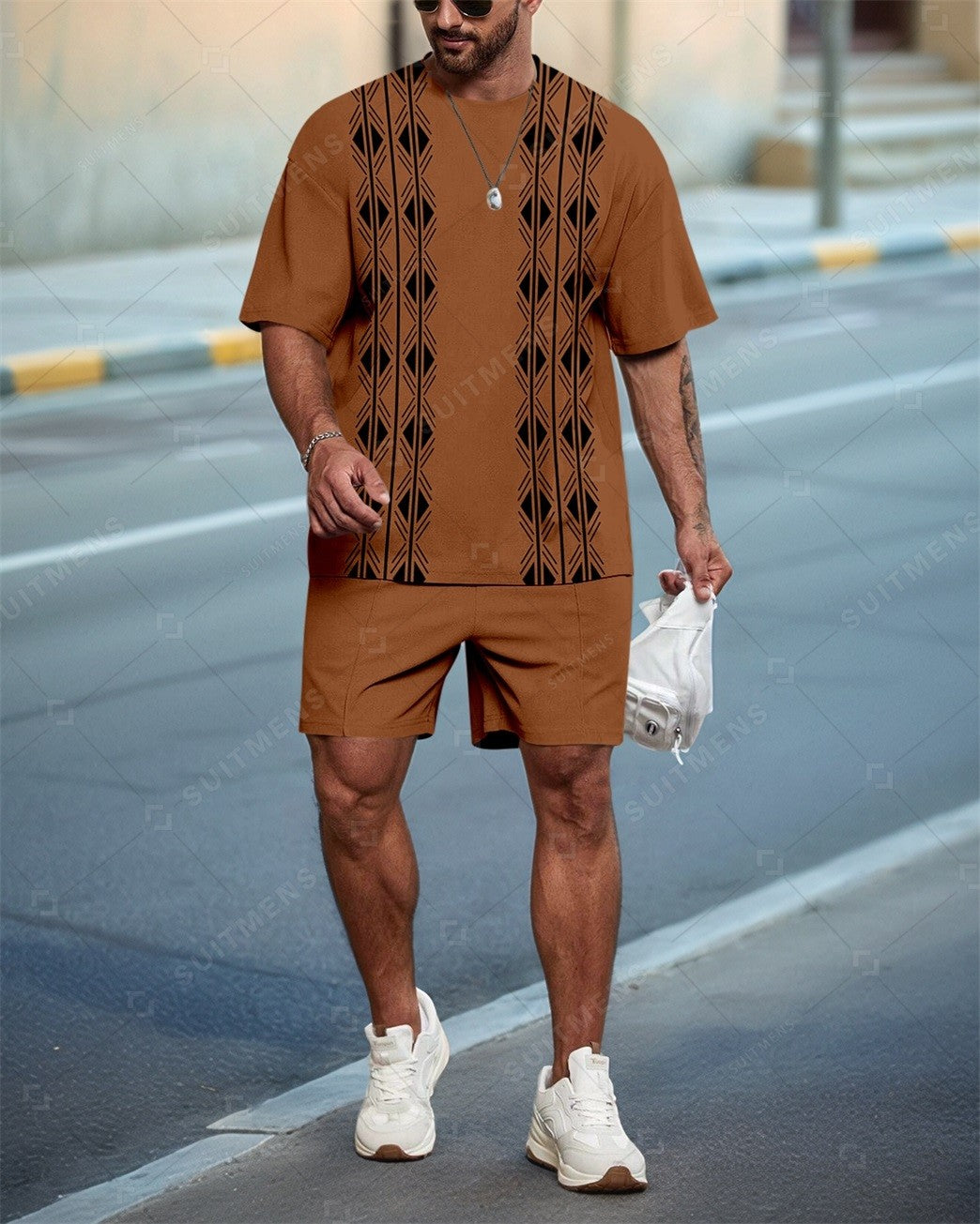 Men's Square Print Casual Summer Round Neck Set 0118