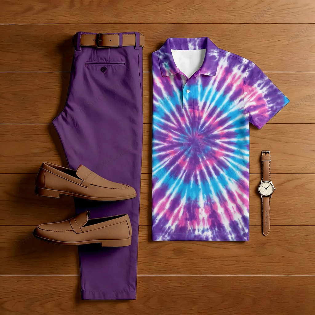 Men's Casual Purple Ray Pattern Short-Sleeved Polo Shirt And Trousers Two-Piece Set