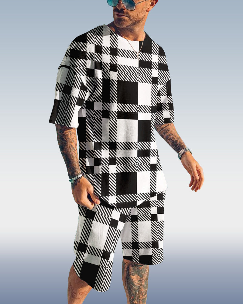 Men's plaid printed shorts Set 416