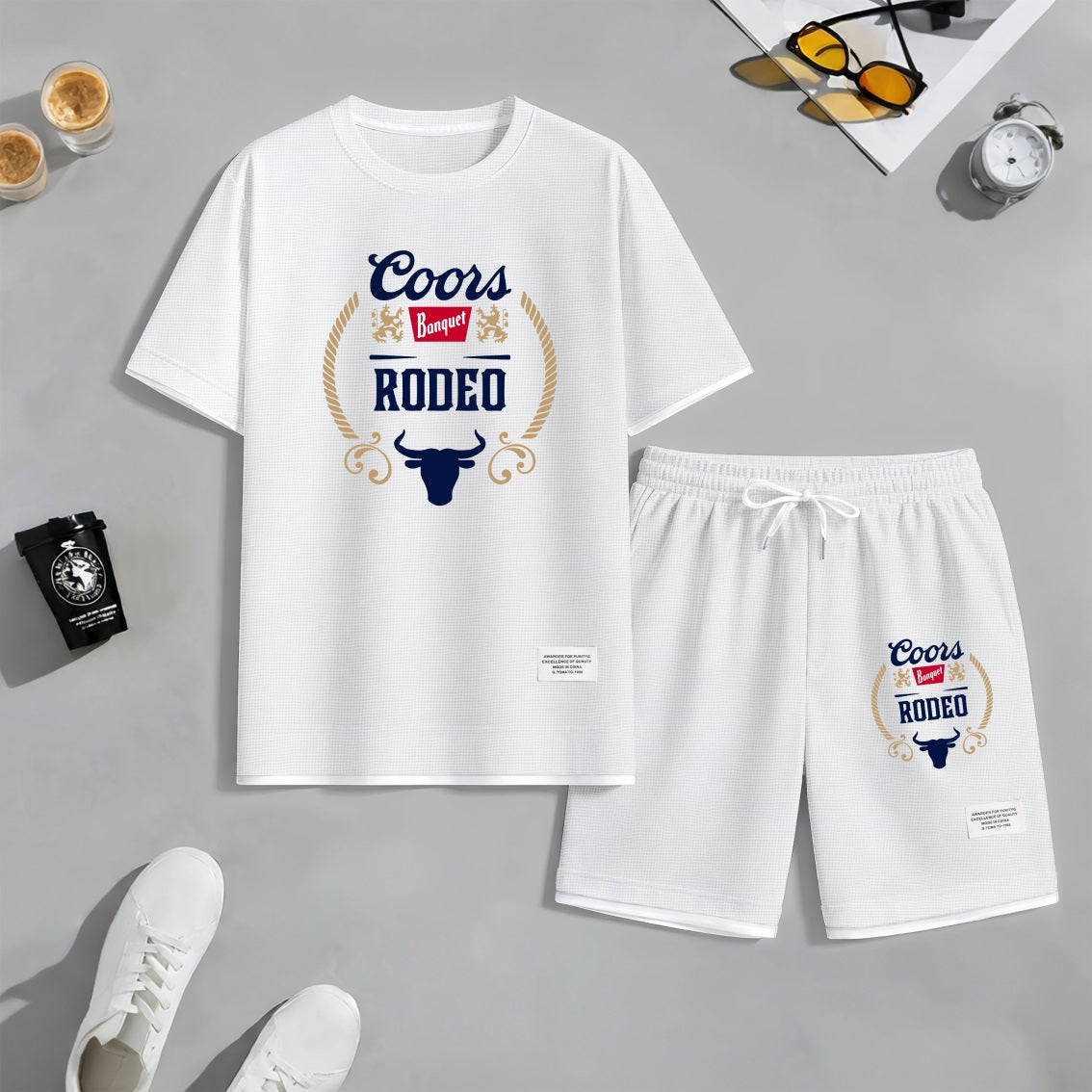 Men's American Lager Print Waffle Fabric Short-Sleeved Shirt And Shorts Set