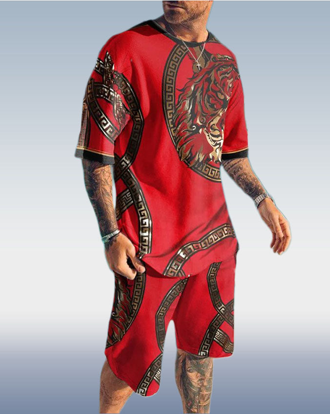 Men's Tiger Print Short Sleeve Two-Piece Set 001