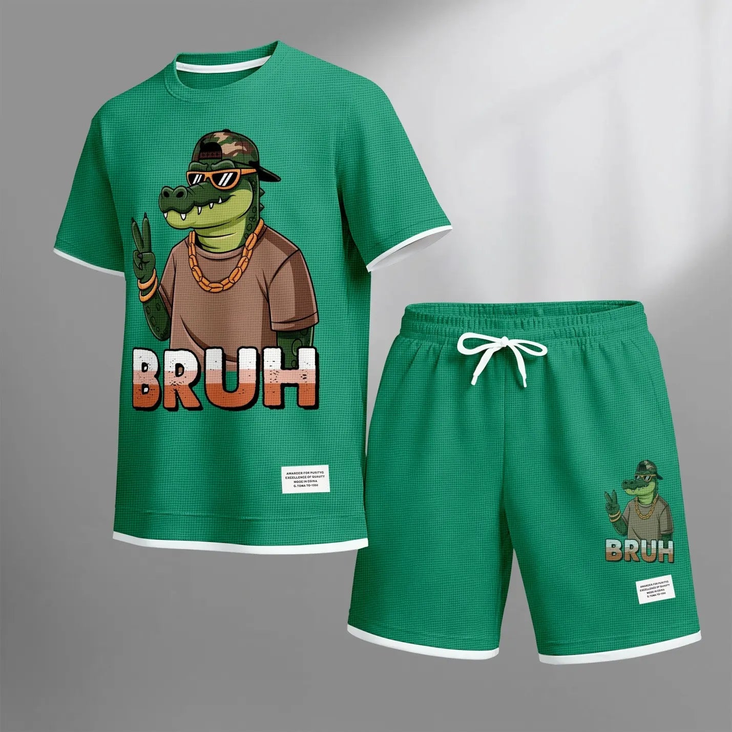Men's Hip-Hop Street Style Funny Animal Graphic Print Short Sleeve Shirt and Drawstring Shorts Set, Casual Summer Two-Piece Outfit, Lightweight Breathable Relaxed Fit Sportswear, Stylish Comfortable Daily Wear Beach Vacation Travel Loungewear