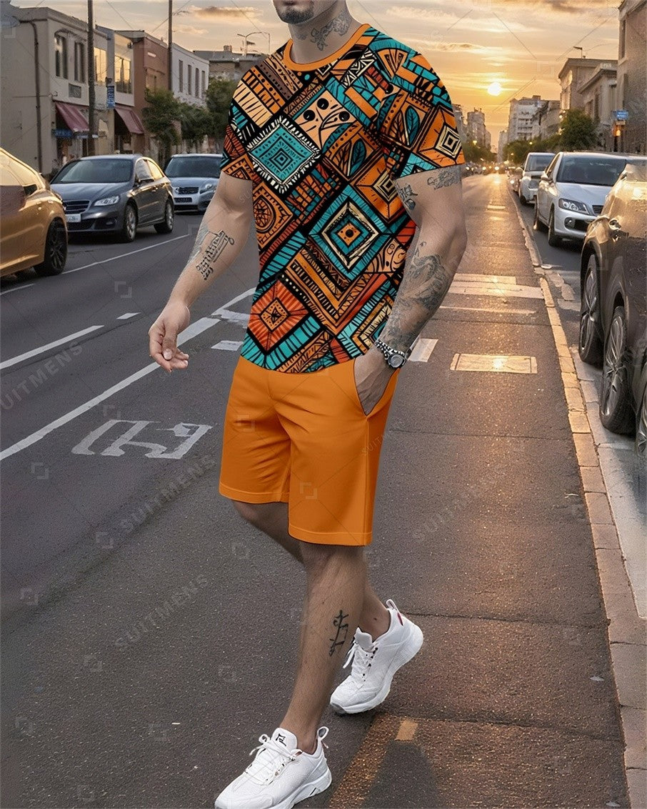Men's Summer Colorblock Printed Round Neck Set 800