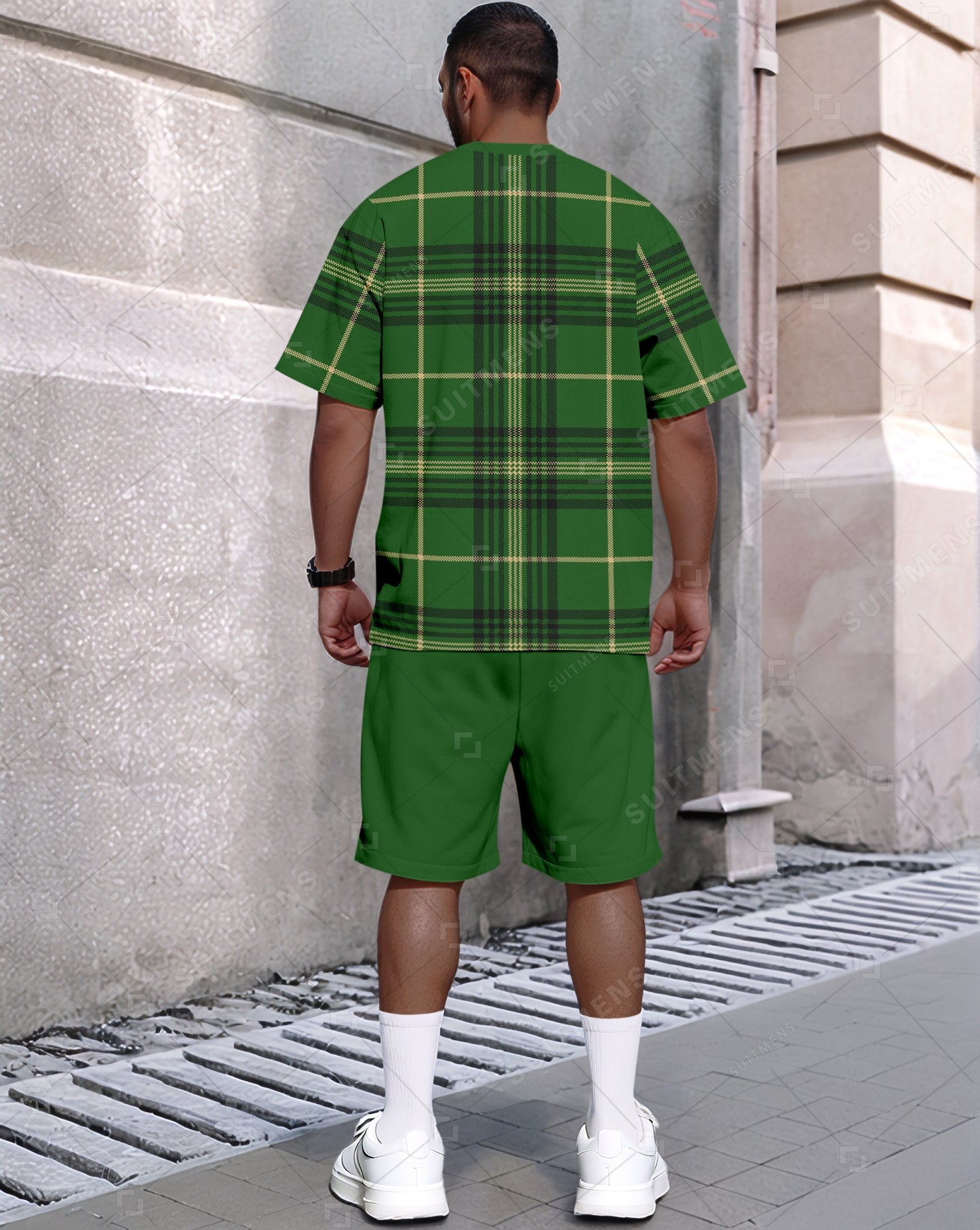Men's Summer Green Plaid Printed Round Neck Set 613