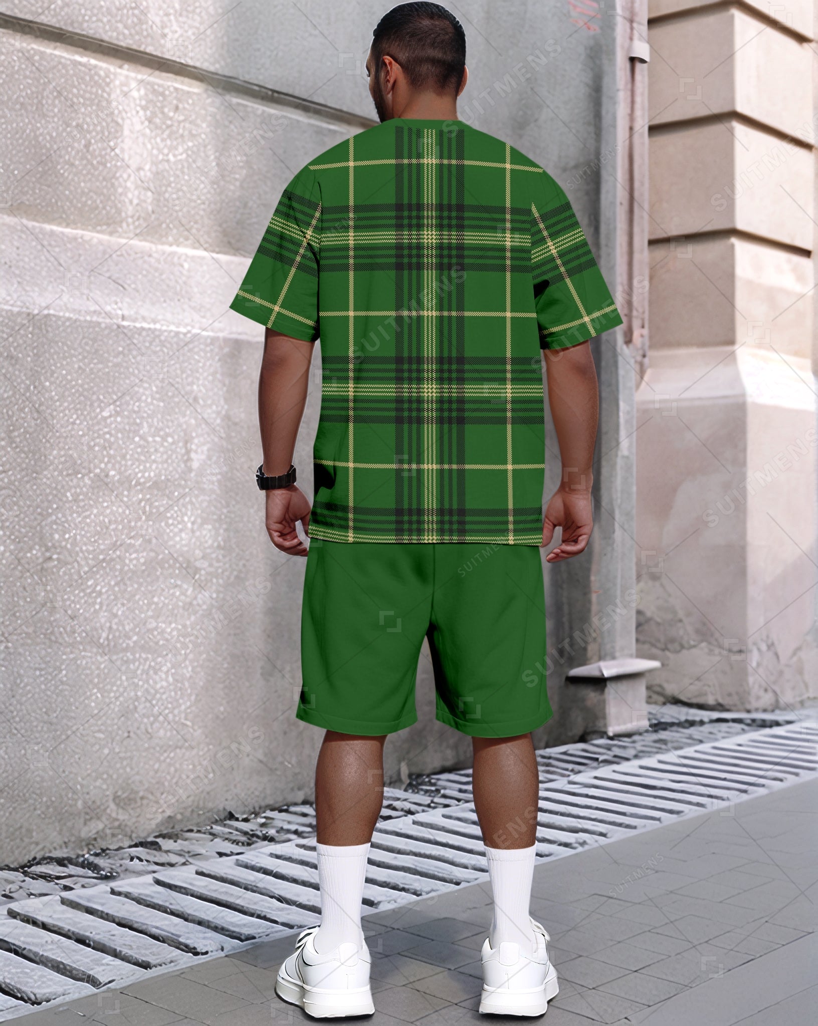 Men's Summer Green Plaid Printed Round Neck Set 613