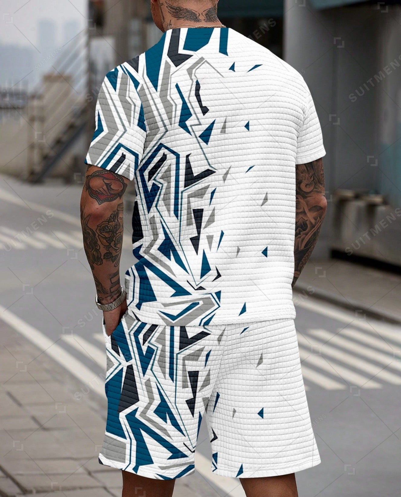 Men's Casual Waffle Textured Summer Round Neck Short Sleeve Shorts Set 006