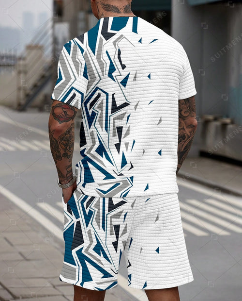 Men's Casual Waffle Textured Summer Round Neck Short Sleeve Shorts Set 006