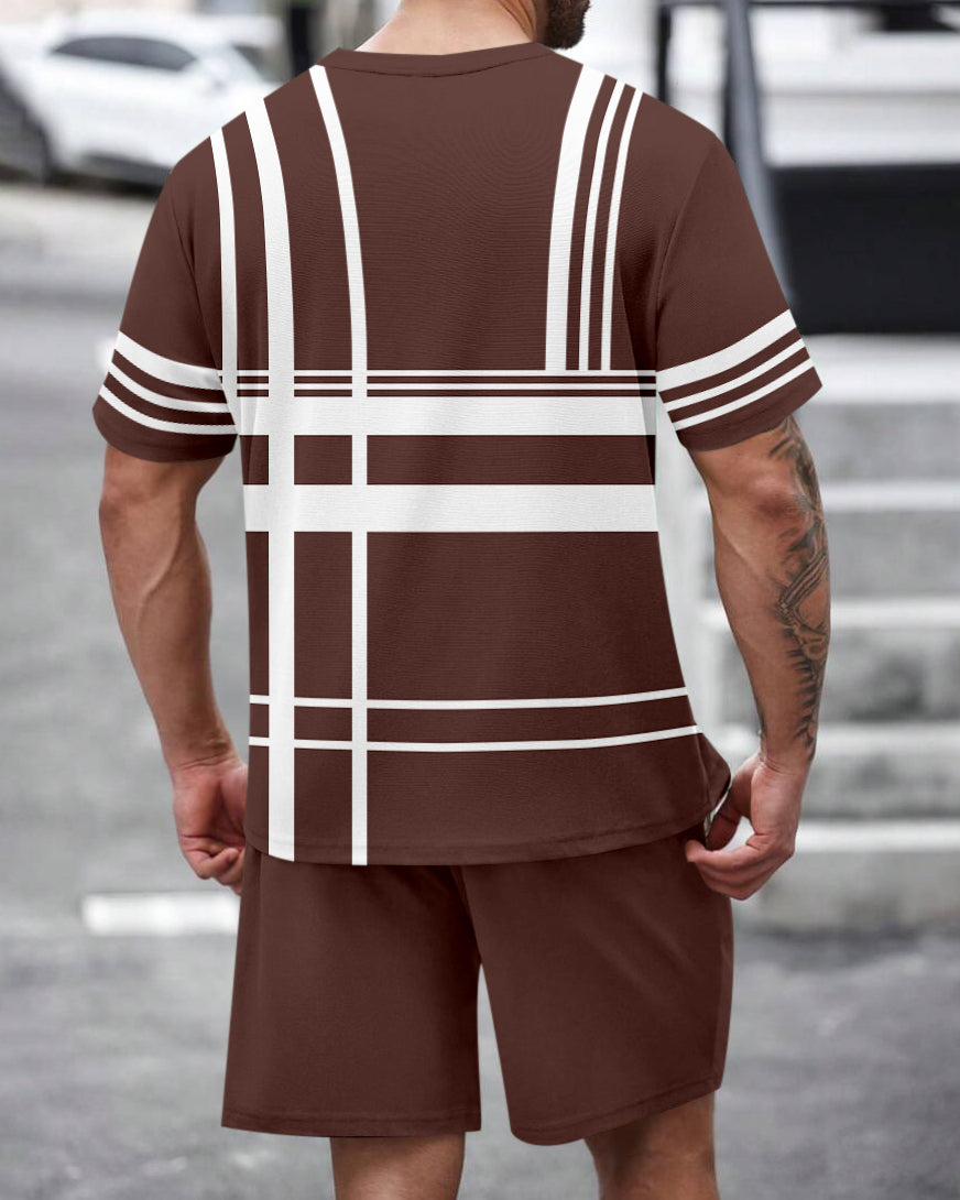 Men's Summer Colorblock Printed Round Neck Set 464