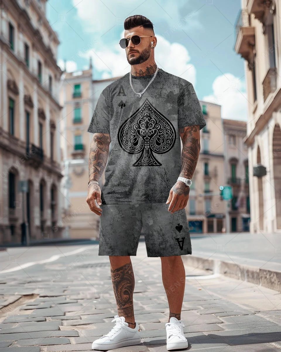 Men's Poker Cards Casual Print Shorts Set 458