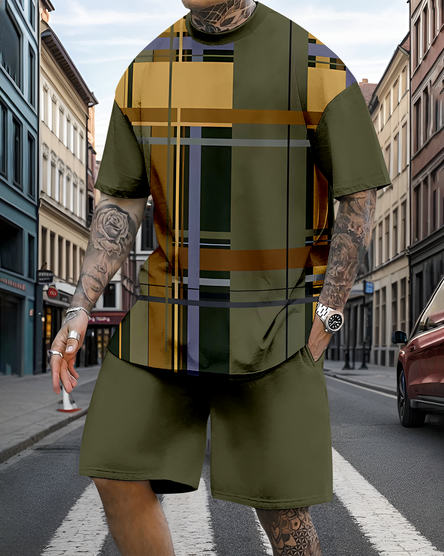 Men's casual colorblock print shorts set 595
