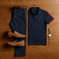 Men's 250Th Anniversary Navy Blue Star Printed Short Sleeved Polo Shirt & Trousers Two-Piece Set